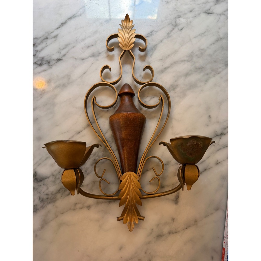 Vintage Mid Century Gold Metal and Wood Wall Sconce Double Candle Holder MCM